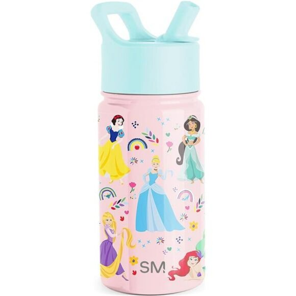 Disney Princess Kids Water Bottle with Straw Lid Reusable Stainless Steel Cup - Picture 1 of 6